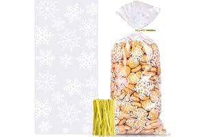 MIZIJIA 100 pieces Sacs à Bonbons Noël, Sacs à Biscuits, Sacs de Cellophane Noël, Sachets de Bonbons Friandises Cellophane Transparents Cadeaux Pochette avec Cravates Torsadées pour Les (Blanc)