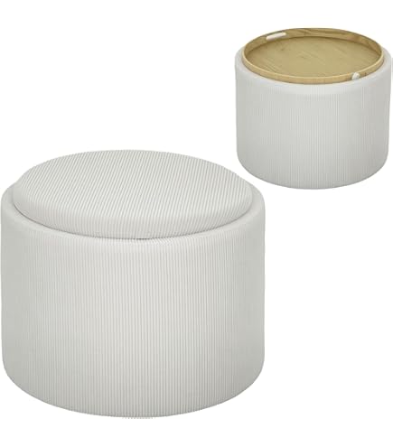 tectake® Kruk met opbergruimte in linnenlook - Gevoerde zitting met afneembaar deksel - Opbergkruk met groot opbergvak - Houten poten - Ronde kruk - Poef - Voetenkruk - Donkergrijs