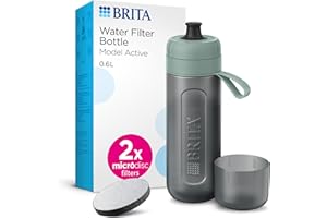BRITA Sports Water Filter Bottle Model Active Dark Green (600ml) incl. 2x MicroDisc Filters - squeezable BPA-free on-the-go bottle, filters chlorine, organic impurities, hormones & pesticides