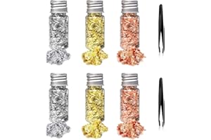 YHUIKXIN 6 Flaschen Blattgoldblätter Multifunktionale Dekorative Folie Papier mit 2 Pinzetten Basteln Blattgoldflocken für Küche Mousse Kuchen Backen Gebäck Handwerk Dekoration (3 Farben)