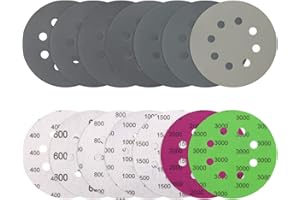 VIBRATITE 70 Pièces Disques Papier Abrasifs 125 mm, Eau/Sec Abrasif Rond Grain 400/600/800/1000/1500/2000/3000 Papier a Poncer, 8 Trous Ponceuse Excentrique Disque pour Voiture, Métal, Bois
