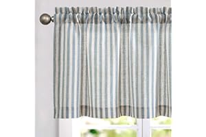 TOPICK Zazdrostka w paski, lniana zasłona z paskami, zasłona kuchenna, nieprzejrzysta, krótka, do kuchni, jadalni, łazienki, na małe okno, 1 sztuka, 125 x 40 cm (wys. x szer.), niebieska na beżowym