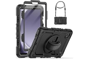 SEYMCY for Samsung Galaxy Tab A9 Case 8.7 inch 2023, Full Body Shockproof A9 Case with Screen Protector, Rotating Stand/Hand Strap, Shoulder Strap for Samsung A9 Tablet Heavy Duty Case, Black
