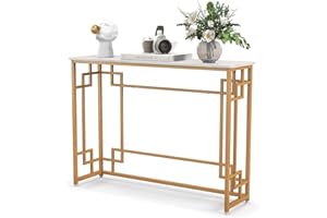 COSTWAY Stolik konsolowy marmurowy złoty, stół wejściowy, wąski, stół do przedpokoju z geometryczną metalową ramą, stolik do sofy, stolik pomocniczy 110 x 30 x 81 cm, do salonu, korytarza, wejścia