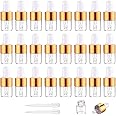 Yalbdopo 24Pcs, 1Ml Transparent Glass Sample Dropper Bottles, Empty Mini Bottles with Dropper Pipettes Gold Aluminum Alloy Cap Refillable Sample Container for Essential Oil Perfume Cosmetic Liquid