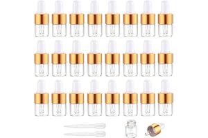 Yalbdopo 24Pcs, 1Ml Transparent Glass Sample Dropper Bottles, Empty Mini Bottles with Dropper Pipettes Gold Aluminum Alloy Cap Refillable Sample Container for Essential Oil Perfume Cosmetic Liquid