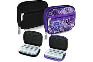 Serfeymi Weekly Travel Pill Organizer Pill Case for Purse with Removable 7 Day Pill Box, Fashionable Travel Medicine Organizer Pill Container for Medicine, Vitamin, Supplement - Black 01 + Purple 01