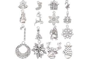 SUNNYCLUE 1 Box 64Pcs 16 Style Christmas Charm Bulk Silver Christmas Charm Tibetan Alloy Candy Snowflake Snowman Xmas Bell for jewellery Making DIY Necklace Bracelet