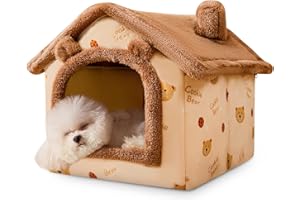 ALLSOPETS Caseta para Perros Casa Gatos Interior Cama De Cueva De Gato Casa para Mascotas Plegable Cama para Mascotas con Cojines de Felpa Suave Tapa Extraíble Marrón