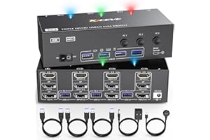 KCEVE KVM Switch 3 Monitore 3 PC, Displayport HDMI USB 3.0 KVM-Umschalter Dreifachanzeige, unterstützt 4K@60 Hz für 3 Computer