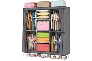 LOEFME Large Canvas Wardrobe Fabric Wardrobe Storage Organizer with Hanging Rail Shelving,Foldable Portable Closet Clothes Storage Cupboard Unit for Bedroom 175 x 130 x 45CM (Grey)