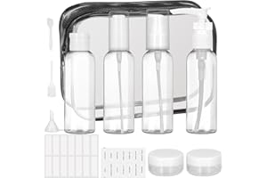 DYMHQ 12 Pièces Kit Flacon Voyage Avion, 60ml Contenant Cosmetique Vide, Kit Voyage Produit Toilette avec Sac Transparent Spatule Pipette Entonnoir Étiquettes pour Le Shampooing la Lotion Le Revitalisant