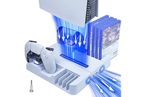 HARIKIKI Estación de Recarga Rápida del Consola PS 5 con Ventilador de Enfriamiento, Cargador Compatible con Mando Play 5, Soporte para Auriculares Gafas Cascos PS 5