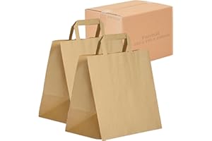 Jeco - Lot de 25 sacs cabas en papier kraft brun avec poignée plate 26 x 19 x 25 cm 12 Litres résistant papier 80g/m² sac marron havane vente à emporter emballage commerce sac cadeau