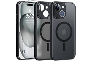 FLLAO Magnétique Coque pour iPhone 15 avec 2 Verre Trempé, Compatible avec MagSafe, Protection d'objectif Tout Compris, Etui Translucide Mat Arrière Housse Fine Antichoc Case, Noir