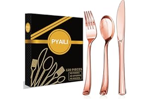 PYAILI 120 Pièces Or Rose Couverts en Plastique Reutilisable Couverts de fête, 40 fourchettes, 40 cuillères et 40 couteaux Convient pour les mariages,anniversaires,pique-niques et autres fêtes