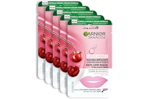 Garnier Maschera in Tessuto per Labbra, Formula Super Idratante e Rimpolpante, Con Ciliegia e Pantenolo, Confezione da 5