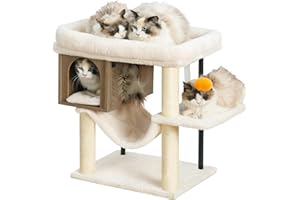 Heybly Arbre À Chat, Grande Plateforme 54 x 40 cm en Peluche, Maison en Bois, Hauteur 57.5 cm, Ses Tubes en Fer Et Base Large Procurent Bonne Stabilité, Parfait pour Chats Gras,Gris HCT017SG