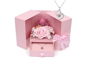 shengo Preserved Pink Rose Moss Bear with Heart Crystal Necklace, Romantic Eternal Rose Gifts for Women Mum Girlfriend Wife, Mothers Day Birthday Valentines Day