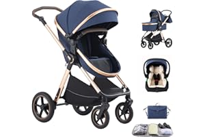 Shineey Poussette 3 en 1, Poussette Bébé Compacte Réglable en Hauteur Avec, Landau Trio Cadre en Alliage d'aluminium Haut Paysage système de voyage (D2BLUE, H2-D)