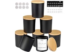CONNOO 8 Pack 14 OZ Black Glass Candle Jars with Bamboo Lids for Making Candles, Large Size Empty Candle Tins with Sticky Labels - Leakproof & Dishwasher Safe.
