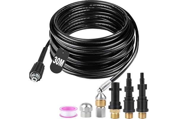 SWAWIS Déboucheur Canalisation Haute Pression 30M 180bar - Tuyau Flexible Nettoyeur Avec 2 Buses 3 Adaptateurs Pour Kärcher K2-K7 Lavor Parkside Bosch