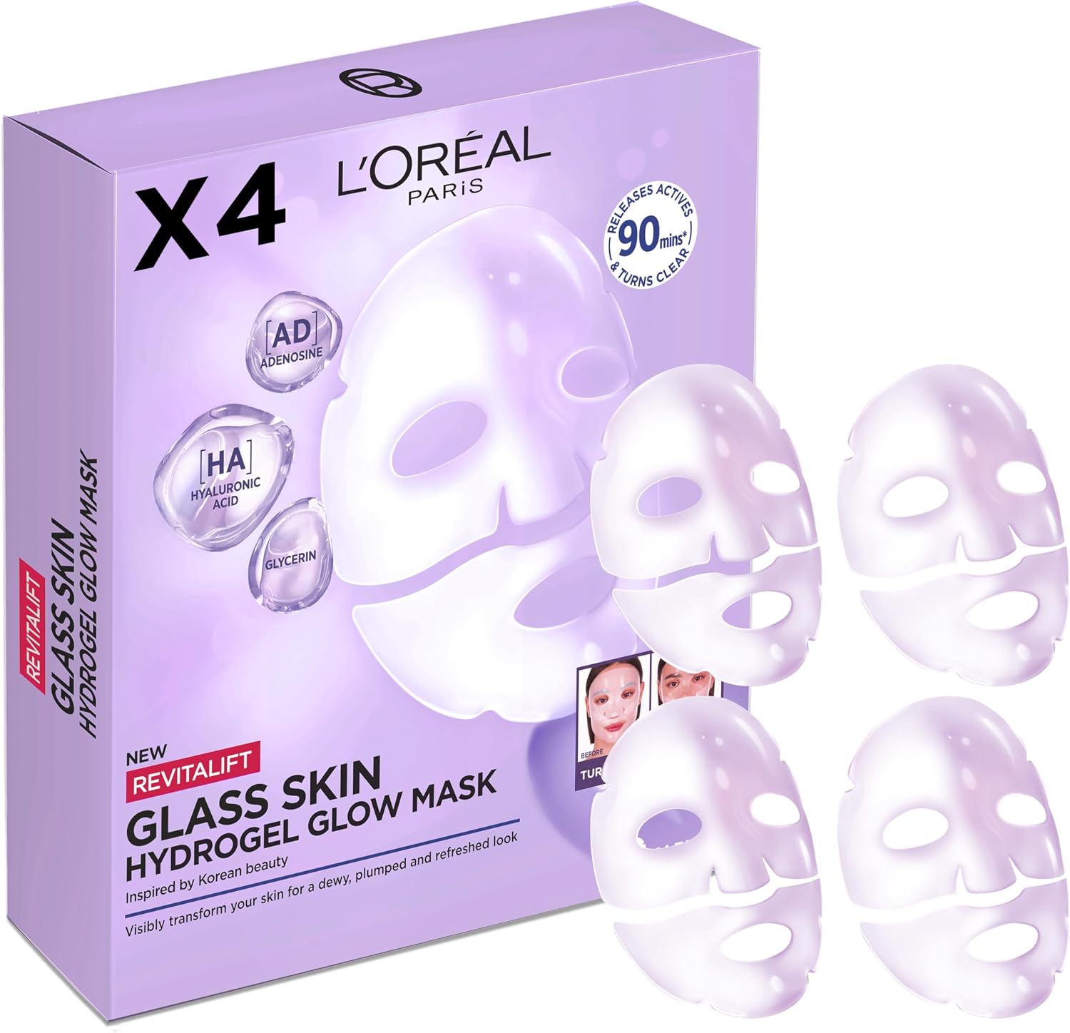 L'Oréal Paris Revitalift Filler Glass Skin Mascarilla Facial Hidrogel Iluminadora, Piel Jugosa y Radiante. Tratamiento rellenador, Ácido Hialurónico, Glicerina, Extracto Centella Asiática, Pack de 4
