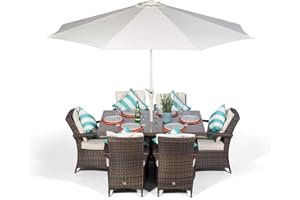 GIARDINO Arizona Luxury Rattan Dining Set | Rectangle 6 Seater Brown Rattan Dining Set | Outdoor Poly Rattan Garden Table & Chairs Set | Patio Conservatory Wicker Garden Dining Furniture with Parasol & Cover