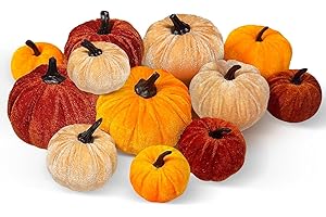 LMSHOWOWO 12 Pcs Fall Artificial Pumpkins, 3 Sizes Fake Velvet Small Foam Pumpkin, Orange Brown Khaki Harvest Pumpkins, for Fall Harvest Thanksgiving Halloween Autumn Party Table Decor Decoration