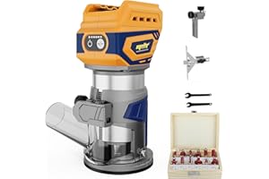 Cordless Compact Router, Witlight Brushless Palm Router Compatible DeWalt 18V Battery(NO Battery) 28,000RPM 600W w/Fixed Base, 12PCS 1/4" Router Bits, 5 Speeds, Edge Guide, Roller Guide, Dust Hood