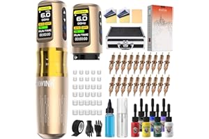 HAWINK Máquina de Tatuaje Inalámbrica con 2 Batería de 1600 mAh 4 Modos 7 Tiempos Ajustable 20PCS Cartuchos de Agujas 7 Tintas de Tatuaje Maletín de Aleación de Aluminio HW-TKE300AEU-9