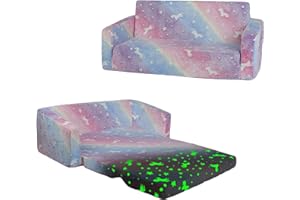alldomess Convertible Sofa para Niños 2 en 1, Plegable Sofa Infantil Brilla en la Oscuridad para Niñas y Niños, Estable Silla Niño 2 Plazas para Dormitorio Sala de Juegos,Rosa Unicornio