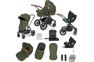 Ickle Bubba Stomp Luxe 12pc Travel System with i-Size Cirrus Car Seat & ISOFIX Base – All-Terrain Pram, Reversible Seat, Carrycot, UPF 50+ Hood, Rain Cover & Accessories (Black/Woodland/Tan)