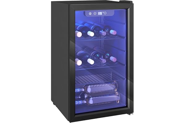 HOMCOM Cave à vin 24 bouteilles 68L, réfrigérateur à vin et boissons avec température réglable 4-16 °C, porte réversible en verre trempé double, éclairage LED, écran tactile et étagère amovible, noir