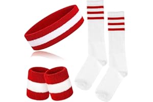 ONUPGO 5-teiliges gestreiftes Schweißband und Socken-Set, gestreiftes Stirnband, Schweißbänder, gestreifte hohe Socken für Männer, Frauen, Sport und 80er-Party