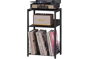 LELELINKY 3-stöckiger Beistelltisch, Plattenspielerständer mit Stauraum von bis zu 100 Alben, industrielle hohe Beistelltische, schwarze Schallplattenspielerhalter, Regal für Wohnzimmer Schlafzimmer