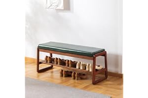 SOBIBO Solid Wood Shoe Bench, 2-Tier Wooden Storage Entryway Bench, Mid-Century Modern Shoe Bench Rack, End of Bed Bench with Faux Leather Cushion for Hallway, Living Room (green, 100cm，39.4 inches)