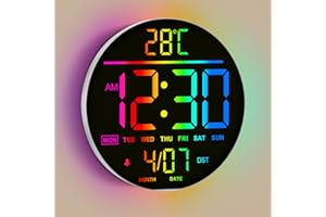 Mee 2ou Digital Wall Clock - 25cm/10 11 RGB Color Auto-Brightness, Temperature, Date And Day, Auto DST, Night Light Non-Ticking Modern Electric LED Wall Clock for Bedroom, Living Room