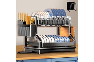 UCAMP Ociekacz kuchenny ze stali nierdzewnej, 2-poziomowy ociekacz do naczyń z funkcją automatycznego spustu i uchwytem na naczynia, ociekacz do naczyń do zlewu, ociekacz do naczyń szafkowych