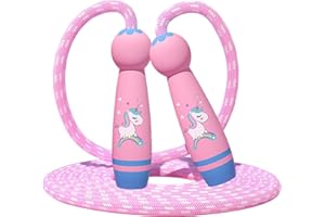 JUNMALLKO Corda per saltare bambini con manico in legno dei cartoni animati, corda per saltare regolabile, unicorno Speed Rope Regali per ragazzi e ragazze, bambini regolabile in cotone per saltare la corda 6 8 10 anni, fitness e boxe