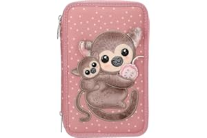 Depesche 13323 TOPModel Juicy - Gefüllte 3-Fach Federtasche in Altrosa, mit Punkte Muster, Affen Applikation und Frucht, Federmappe mit Buntstiften, Schere, Lineal uvm.