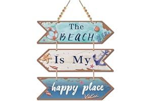 CREATCABIN 3 Pièces en Bois la Plage Est Mon Lieu Heureux Signe Flèche en Bois Décoration Murale Ferme Cuisine Rustique avec Trou pour Maison Salle à Manger Salon (Couleur Turquoise Foncé)