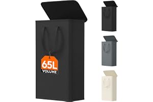 Lifewit 65 L Tvättkorg Smal Med Lock, Vikbar, Liten, Med Handtag, Tvättlåda för Sovrum, Badrum, Svart, 1 Förpackning