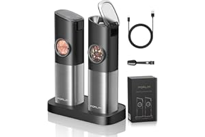 FORLIM Elektrische Salz und Pfeffermühle Set, mit Wiederaufladbarer Basis,Automatischer Salzmühle mit LED-Licht, Einstellbare Grobheit,aus Edelstahl,für Küche und BBQ,2er Pack(Schwarz)