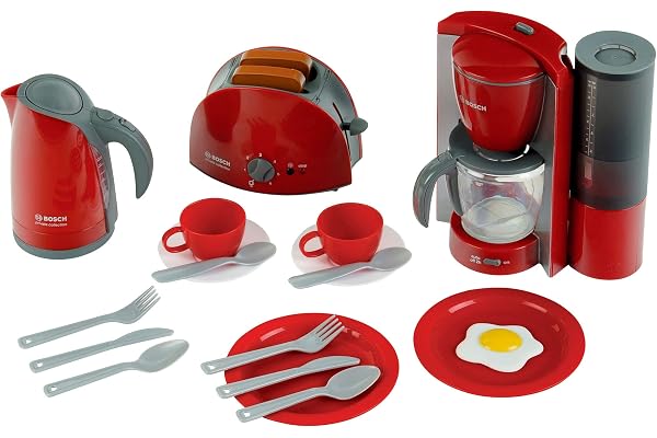 Klein 9564 Set petit-déjeuner Bosch, grand modèle | Avec grille-pain, cafetière automatique, bouilloire et accessoires | Dimensions de l’emballage : 44,5 cm x 13 cm x 34 cm | Dès 3 ans