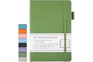 Beinushor Cuaderno A5 rayado, tapa dura con papel grueso de 100 g/m², bolsillo interior, banda elástica, cubierta de piel sintética, 192 páginas, 5.7 x 8.4 pulgadas (verde)