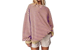 AEGJEGVD Gestreiftes Übergroßes Sweatshirt für Damen Gestreift Farbblock Rundhalsausschnitt Langärmelig Y2K T-Shirt Lässiges Langarmshirt Lockere Pullover-Oberteile Dupes 2024