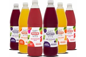 Get More Vits Multivitamin Squash - Low Calorie, 20% Real Fruit Juice, no Added Sugar, 50% of Your Daily dose of 8 Essential Vitamins inc D & B12 per Serving, 1 Litre Bottle, 3 Flavours, Pack of 6