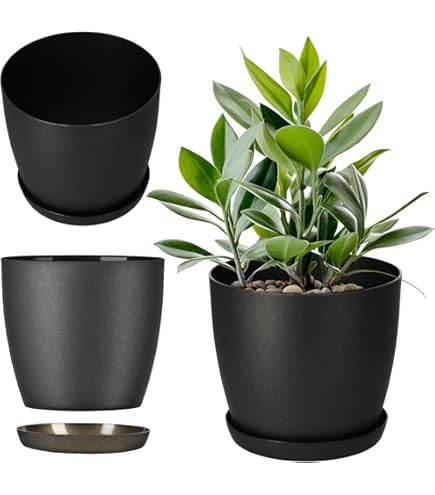 Pot De Fleurs Rond Moderne En 2 Parties Kadax - Pour Intérieur/extérieur, Plastique Brillant, 29cm, Noir, Avec Réserve D'eau