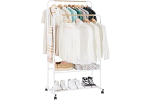 YOUDENOVA Clothes Rail on Wheels Clothes Rack Double Hanging Rails for Clothes Rails for Bedroom Heavy Duty Metal Stand Storage Shelf White